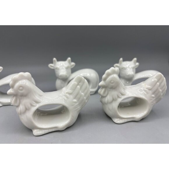 Vtg Japan Set Of 6 White Porcelain Animal Napkin Rings Duck Chicken Cow Farmhous - Picture 3 of 7